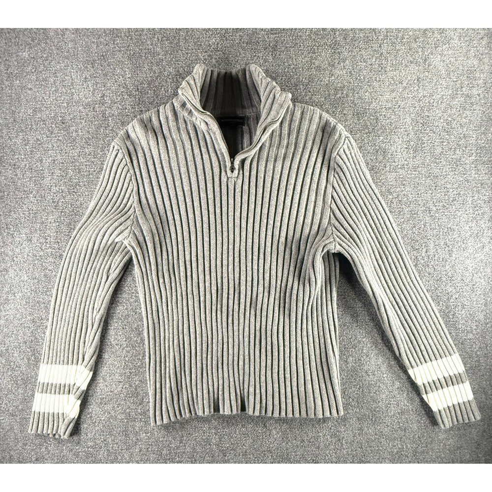 Banana Republic Mens Grey Ribbed Quarter Zip Sweater Varsity Stripe Large